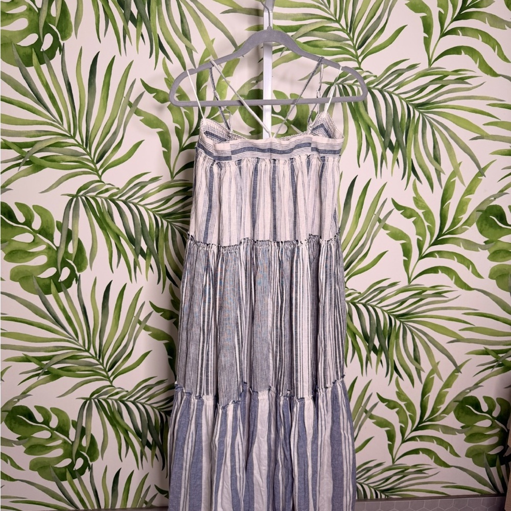 JCrew Women’s Blue and White Linen Striped Tiered Maxi Dress NWT